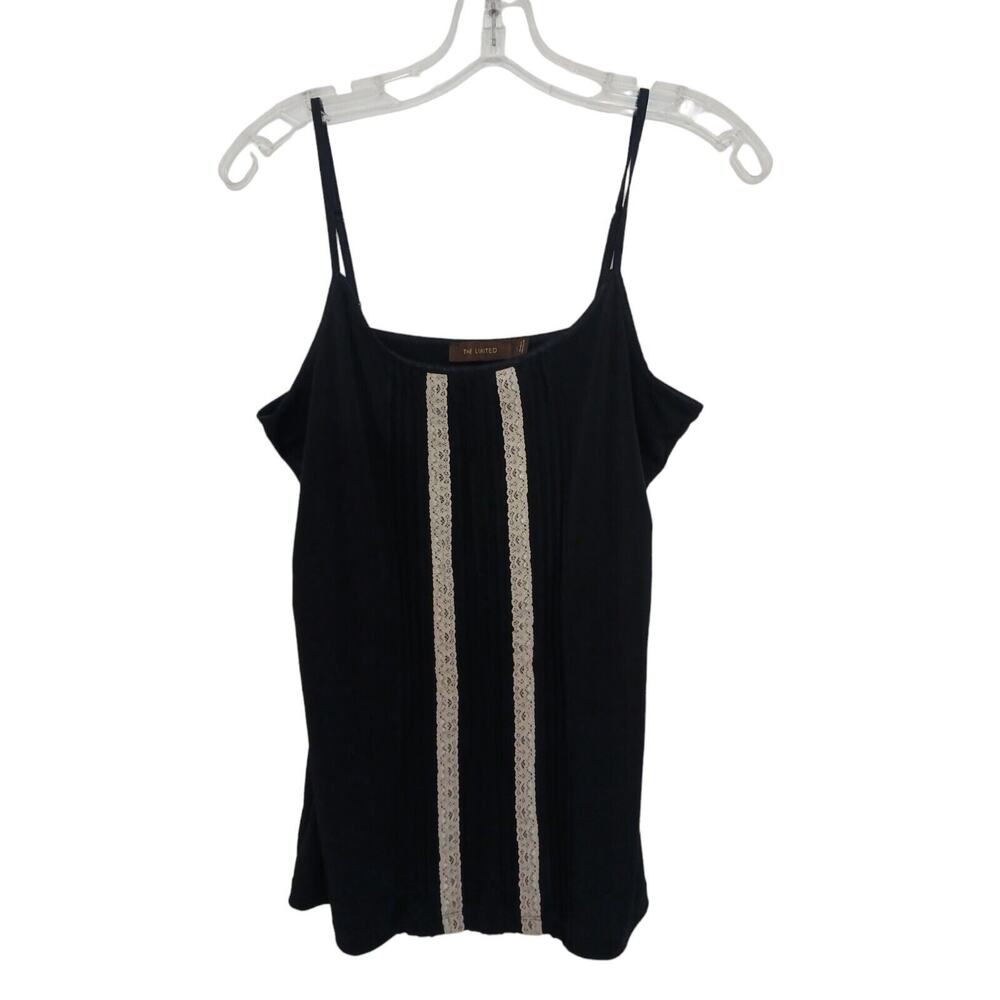 Y2K The LIMITED Camisole Top L Black Ivory Lace Spaghetti Strap Pleated Summer